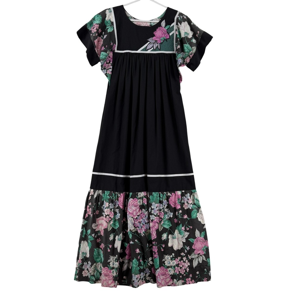 Vintage Carol Bennett Liberty House Dress Womens Medium Black Hawaiian Muumuu